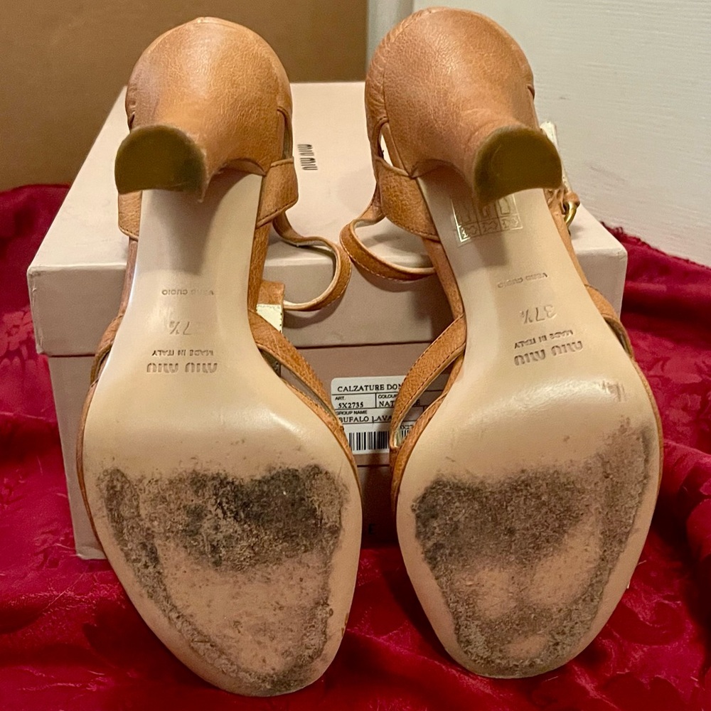 Miu Miu T-Strap, Open Toe, Naturale Leather Shoes - Sz 7.5 - Picture 9 of 11